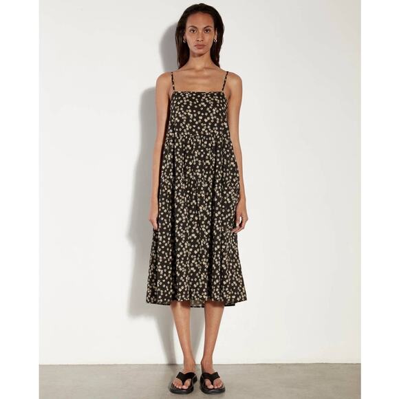 ENZA COSTA Tiered Spaghetti strap Dress Womens Small Black Floral Print Cotton - Picture 1 of 16